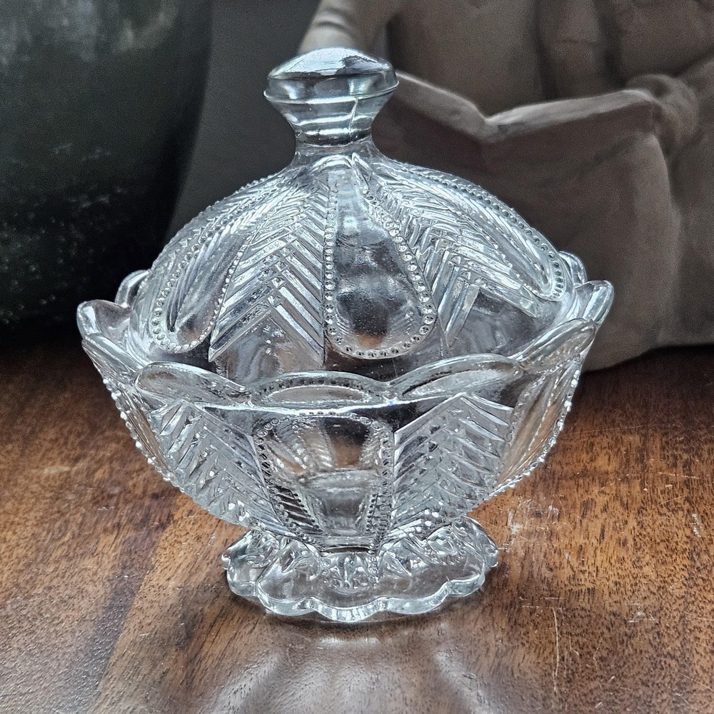 Vintage Clear Glass Footed Candy Dish With Lid Ornate Pattern